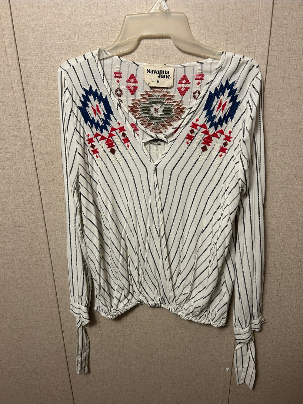 Savanna Jane White Striped V-Neck Blouse with Embroidered Accents